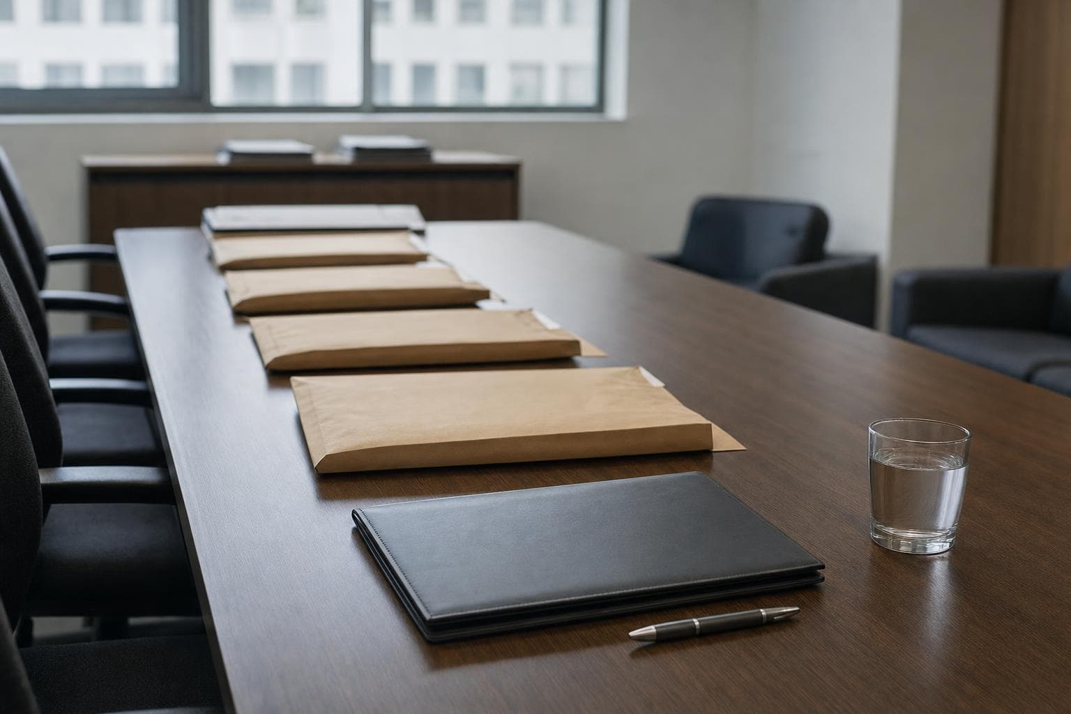 Sobres cerrados y una carpeta alineados sobre una mesa de reunión, antes de una apertura de ofertas.