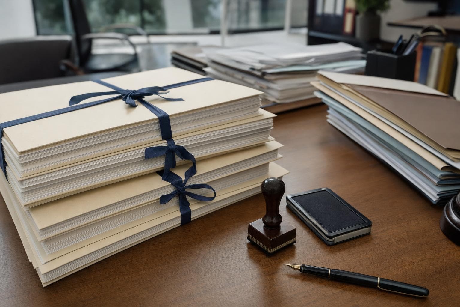 Escritorio de una oficina pública con expedientes apilados y un timbre.