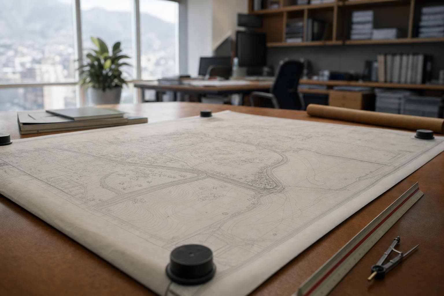 Plano de loteo desplegado sobre una mesa, junto a una maqueta de manzana urbana.